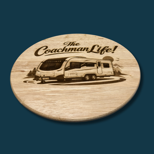 Personalised Coachman Caravan Bread Board – “The Coachman Life” Engraved Wooden Board