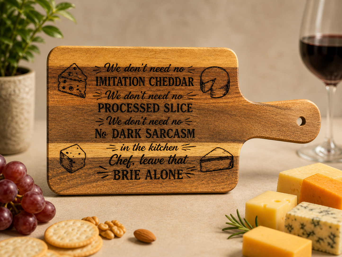 “We Don’t Need No Imitation Cheddar” Engraved Cheese Board